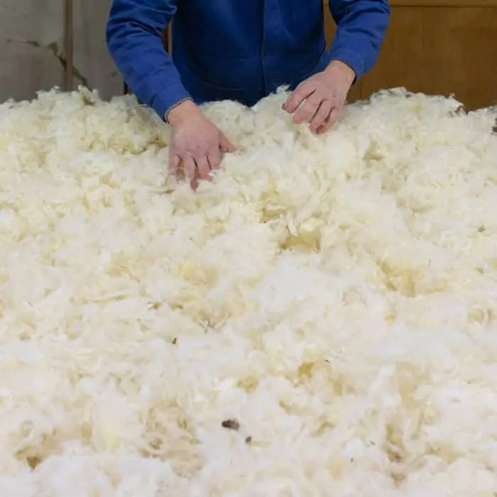 Mains d’un artisan travaillant de la laine de mouton brute cardée